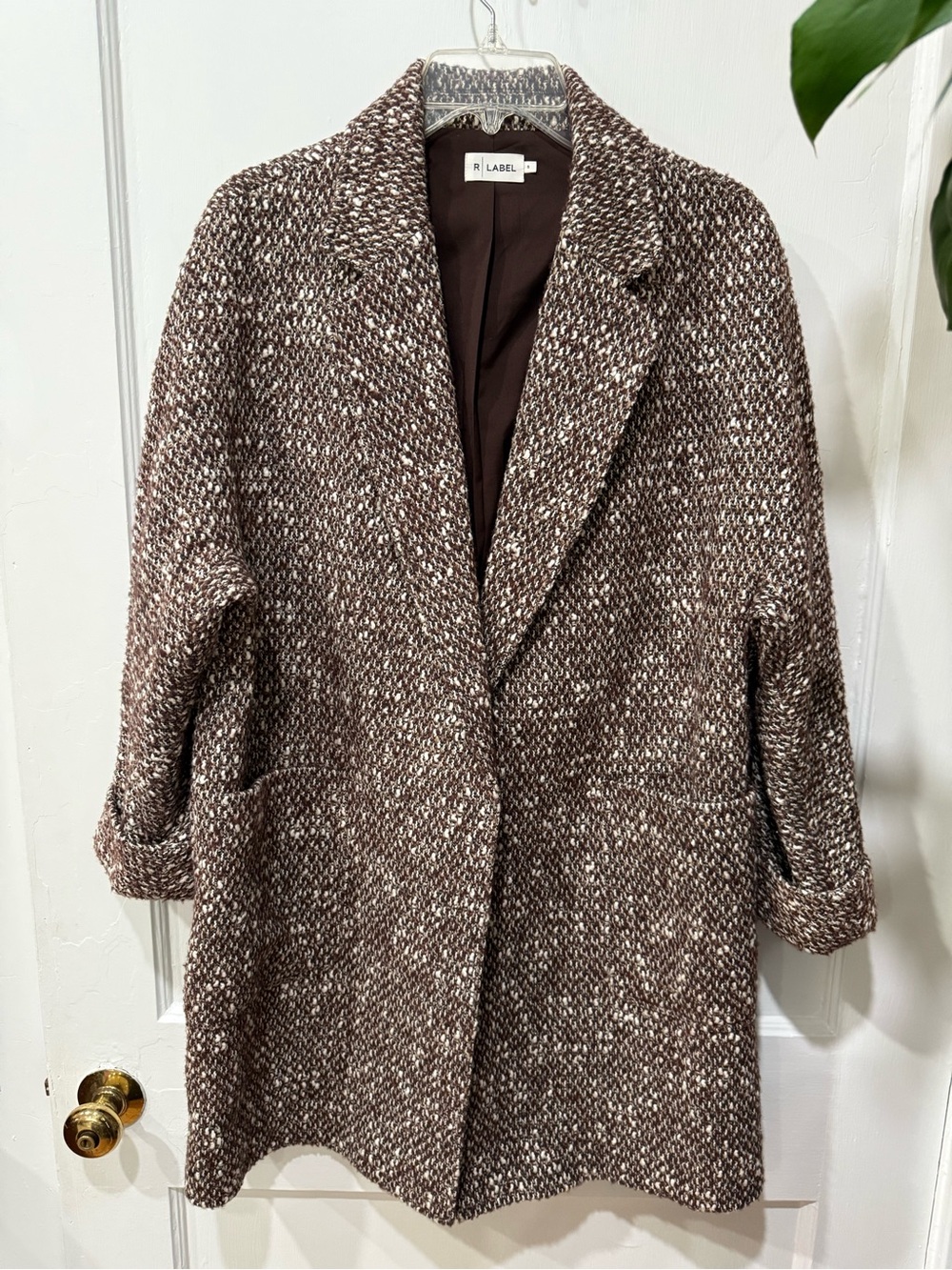 R Label Women's Brown Tan White Marled Tweed Blazer Coat Jacket Oversized Fit S